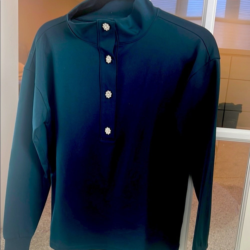 Green Button-Up Top with Floral Buttons